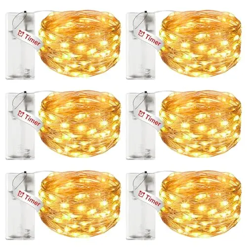 litogo 6er LED Lichterkette mit Timer, 3M Kupferdraht, batteriebetrieben für Party und Deko, Warmweiß