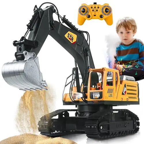 FUYLEY RC Bagger Spielzeug für Jungen, 14 Kanal, Metall Schaufel, Licht, Ton, 680° Drehung, Geschenk