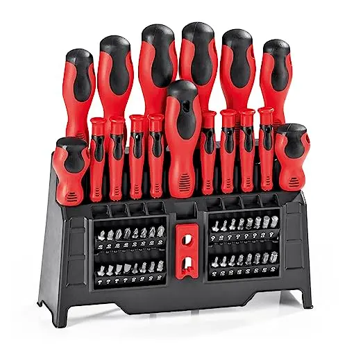 EASYmaxx Schraubendreher-Set mit 16 Schraubendrehern, Magnetisierer und 32 Bit-Aufsätzen - Ergonomisch [Rot-Schwarz]