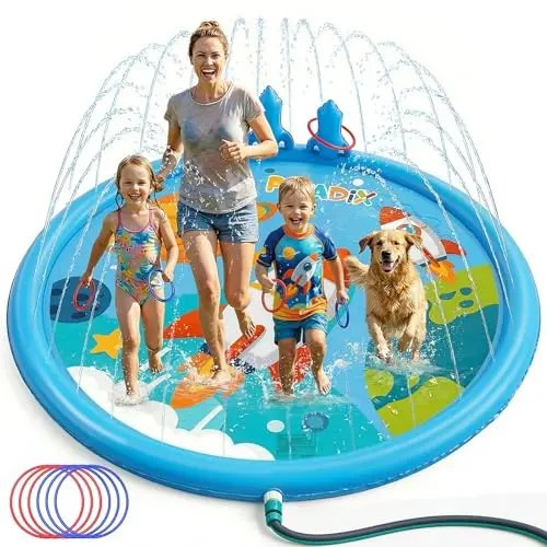 Peradix 2-in-1 Sprinkler und Ringwurfspiel für Kinder – Wasserspielmatte mit 6 Wurfringen, für Garten und Sommer