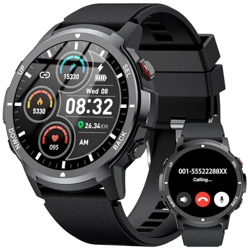 PYRODUM Smartwatch Herren, 1,43" AMOLED Fitnessuhr, wasserdicht mit Blutdruck-/Herzfrequenzmonitor, 110+ Sportmodi, robust für Android/iOS