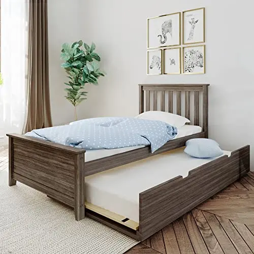 Max & Lily 90x200cm Kinderbett mit Lattenrost und ausziehbarem Bett, Holzbett aus Kiefernholz, Braun-grau