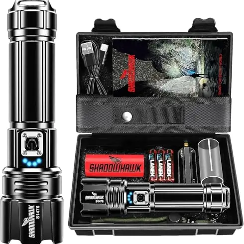 Shadowhawk LED Taschenlampe 500.000 Lumen, USB aufladbar, wasserdicht, 5 Lichtmodi, ideal für Camping & Notfälle