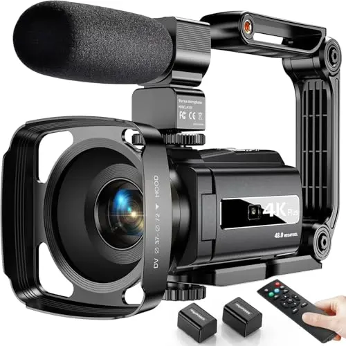 4K Videokamera mit 48MP, WiFi und 3" Touchscreen für Vlogging, inkl. Mikrofon und Handstabilisator