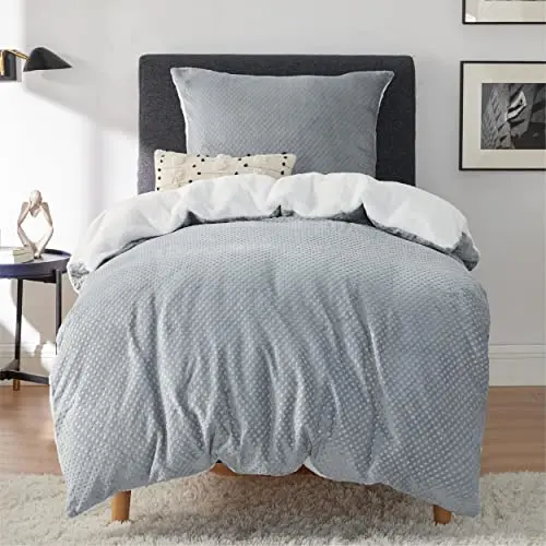 Flauschige Bettwäsche 135x200 cm Grau - Set mit Bettbezug und Kissenbezug, Winter Bettwäsche für Einzelbett