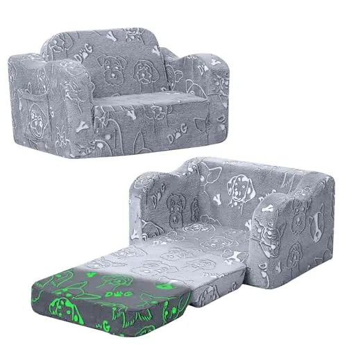 MeMoreCool 2-in-1 Kindersofa zum Ausklappen, Grau mit Hundemotiv
