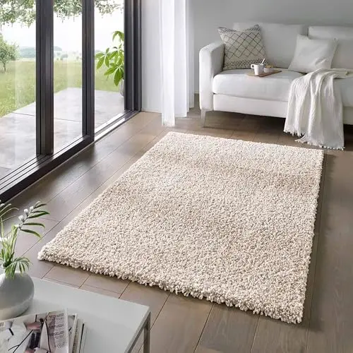 Taracarpet Shaggy Teppich Venezia 200x200 cm Creme - Moderner Hochflor Teppich für Wohnzimmer