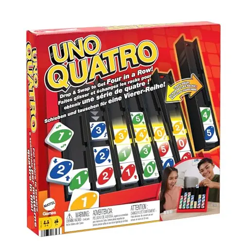 Mattel Games Uno Quatro – Farben und Zahlen sortieren, mit Aktionssteinen, ab 7 Jahren, ideal für Reisen oder Gesellschaftsspiele