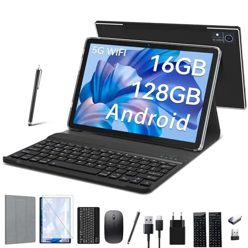 2025 Neuestes 10 Zoll 5G Android Tablet mit 16GB RAM, 128GB ROM und Tastatur - Schwarz