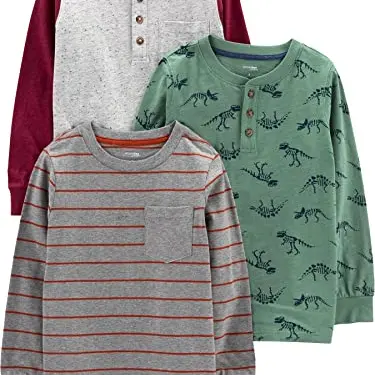 Simple Joys by Carter's Jungen Long-Sleeve Shirts, 3er Pack, Dunkelgrau, Fichtengrün Dinosaurier & Grau Punkte, 12 Monate
