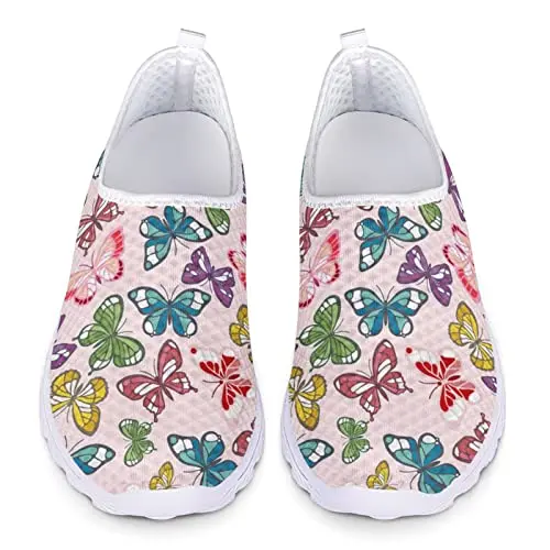 Dolyues Bunte Schmetterlinge Rosa Slip-On Schuhe für Frauen - Atmungsaktive Turnschuhe für Freizeit und Sport (37 EU)