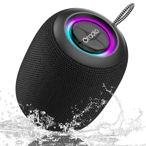 oraolo Mini Bluetooth Lautsprecher, IPX7 wasserdicht, 15W, 30H Akku, LED Licht, Bluetooth 5.4, kabellos für Outdoor, Camping & Party
