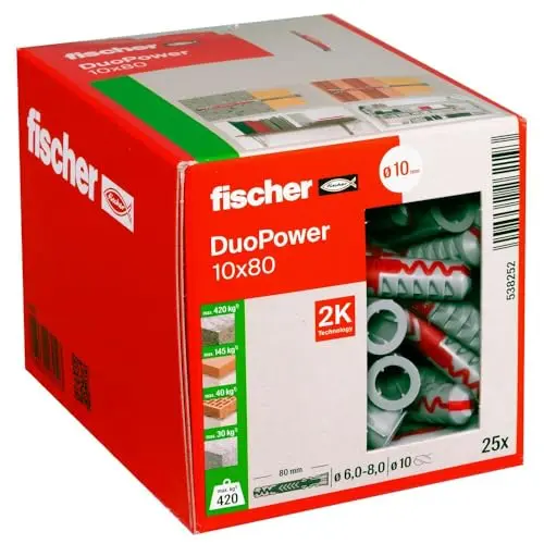 fischer DuoPower Universaldübel 10 x 80 mm - 25 Stück, ideal für Beton, Ziegel, Stein und Gipsbauplatten