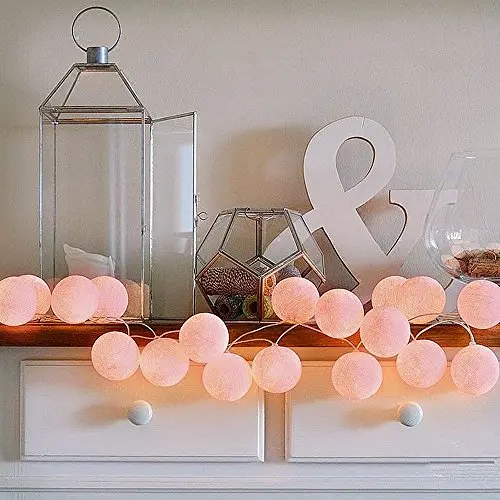 ELINKUME® LED Lichterkette mit 20 Baumwollkugeln, warmweiße Lichtfarbe, 3.3M für Dekoration, Pink