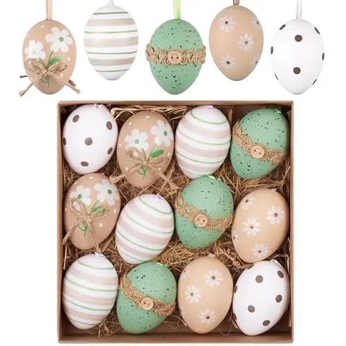 Valery Madelyn 12er Ostereier zum Aufhängen für Osterdeko - Braune und grüne Ornamente für Frühlingsdeko