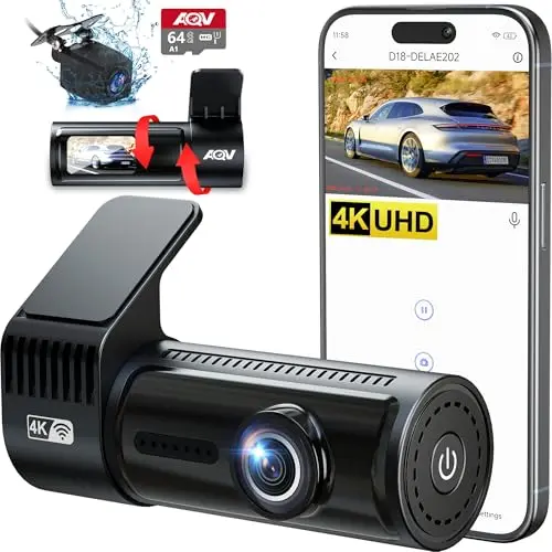 AQV 4K Dashcam für Auto Vorne und Hinten mit WiFi, 64GB SD Karte, Nachtsicht, 170° Weitwinkel, Parküberwachung