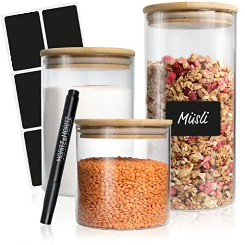 Moritz & Moritz Vorratsgläser Set mit Deckel 500ml, 750ml, 1500ml – Luftdichte Glasdosen mit Bambusdeckel