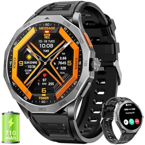 Herren Smartwatch mit 1.85'' HD Display, Bluetooth Anrufen, Herzfrequenz- und Schlafmonitor, IP68 wasserdicht, 110+ Sportmodi