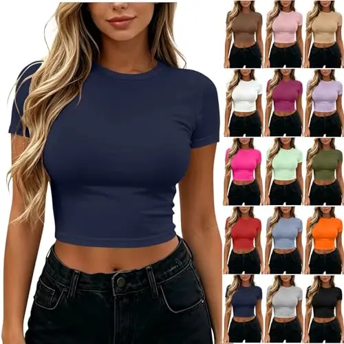 Damen Crop Top Kurzarm Shirt | Enger, elastischer Sommer-Look | Aesthetic Y2K Style, Basic Rundhals, Streetwear