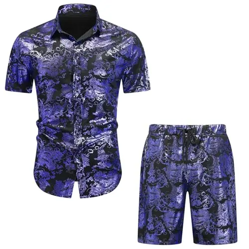 Herren-Sommerhemd mit Shorts Set, kurzarm, Button-Down, Blumenmuster, schwarz, Größe M