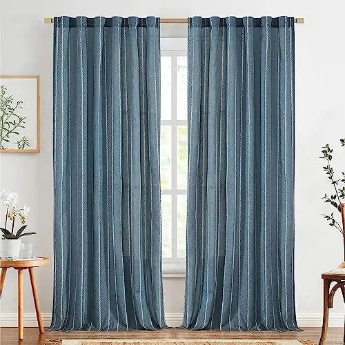 TOPICK 2er Set Gardinen in Blau, 245 x 140 cm, für Wohnzimmer, Schlafzimmer und Küche im Landhausstil