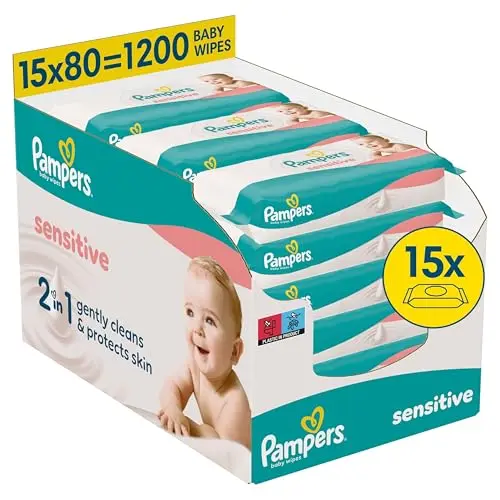 Pampers Sensitive Baby-Feuchttücher, 15 Packungen mit 80 Tüchern, 1200 Stück – sanfte Reinigung & Hautschutz