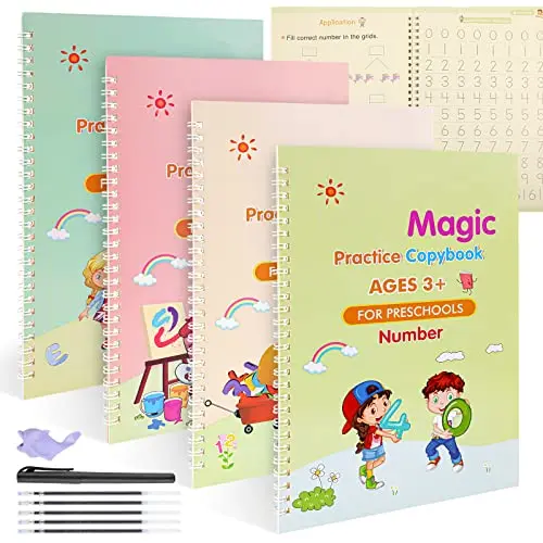 Funvce Magisches Übungsheft für Kinder - 4 Stück, Wiederverwendbar für Alphabet, Mathematik und Zeichnungen