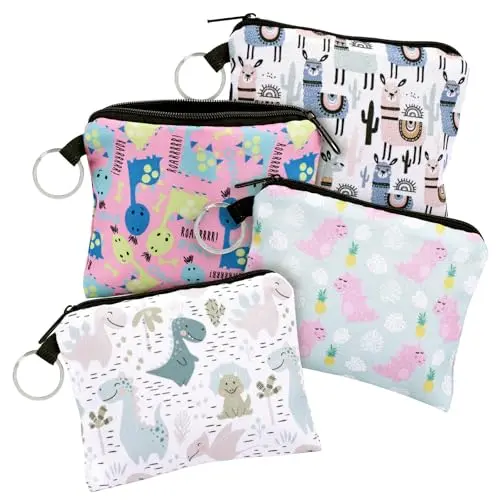 Mini Geldbeutel Set, 4 Stück, für Kinder und Damen, Cartoon Reißverschluss Münzbeutel, ideal für Münzen, Karten und Schlüssel