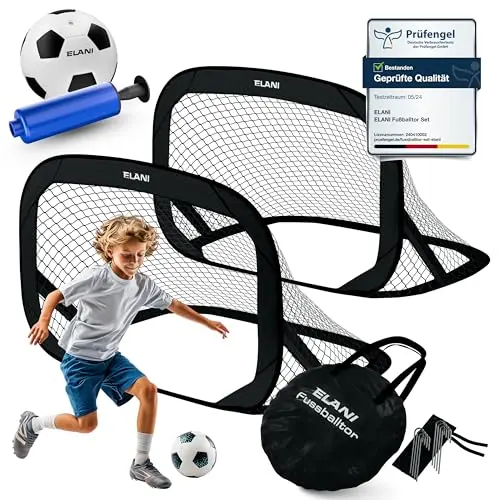 ELANI Pop-Up Fußballtor für Kinder - 2er Set, faltbar mit Ball & Pumpe, einfacher Aufbau, mini Tor für Garten