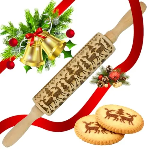 VGECEE Weihnachts Teigroller mit Muster – 35 cm Nudelholz für Plätzchen und Kekse