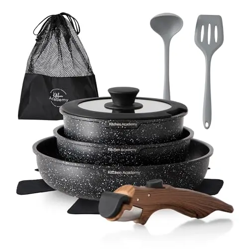 Kitchen Academy 10-teiliges Topfset mit Glasdeckeln und Marmorbeschichtung, induktionsgeeignet, Schwarz