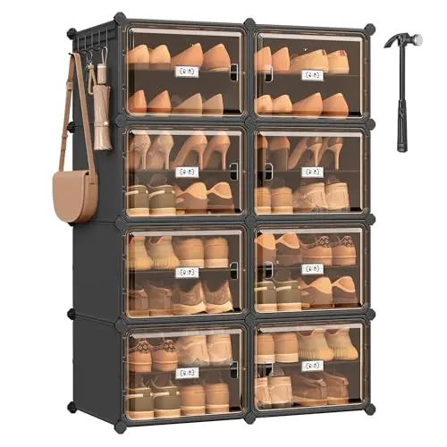 SONGMICS Schuhregal mit 8 Fächern für 32 Paar Schuhe, Metallrahmen, durchsichtige Tür, tintenschwarz-transparent