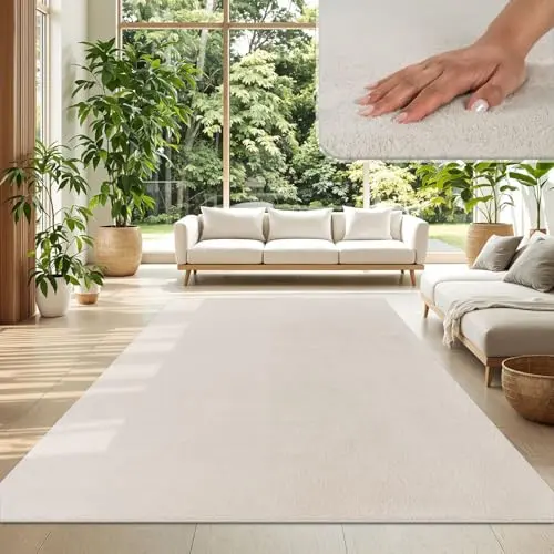 TT Home Teppich Wohnzimmer Creme 140x200 cm, Waschbar & Kurzflor