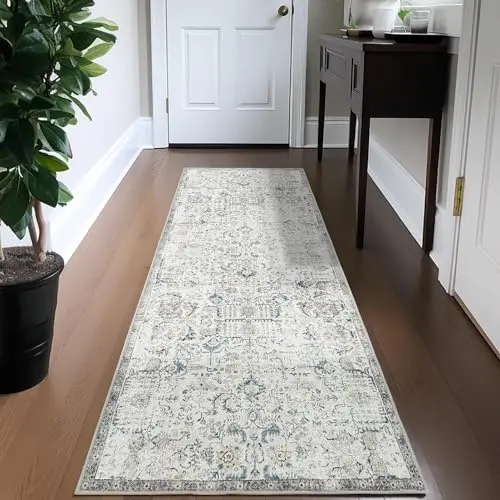 TOPICK Läufer 60x210cm Blau Vintage Teppich für Flur, Küche, Schlafzimmer und Wohnzimmer - Faltbar und Waschbar