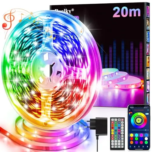 20m RGB LED Streifen mit Fernbedienung & App, dimmbar und selbstklebend für Zimmer, Küche, Gaming und Partys