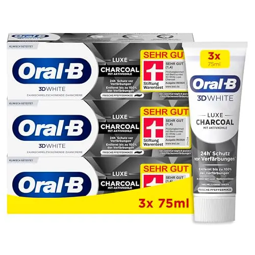 Oral-B 3D White Luxe Charcoal Whitening Zahnpasta, mit Aktivkohle, Frischer Pfefferminze, 3x75ml