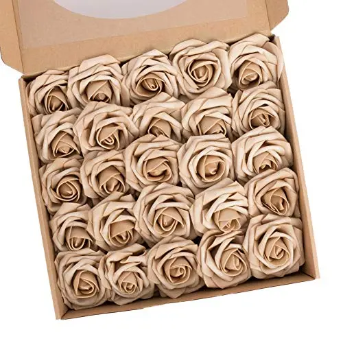 N&T NIETING Künstliche Rosen, 25 Stück Deko Blumen für Valentinstag, Muttertag, Hochzeiten, Babyparty, Hellbraun