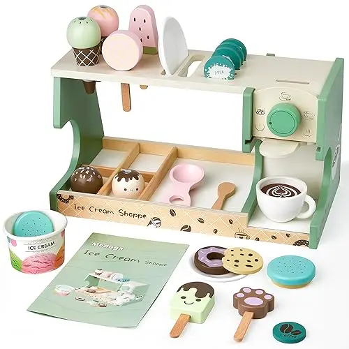 Medoga Holz-Eiscreme-Spielzeug 3-in-1 Eiscremezähler mit Kaffeemaschine, für Kinder ab 3 Jahren, Küchenzubehör, 28 Teile
