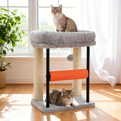 Hey-brother Katzenbaum 50 cm, Kratzpfosten mit Sisalsäule, Plüschplattform, Spielbälle, Hellgrau