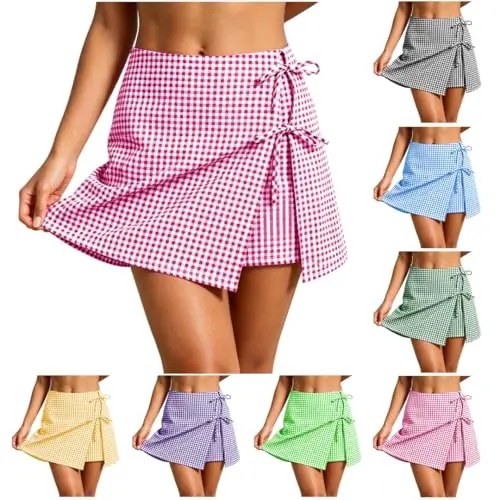 Damen Hosenrock Kariert, Mini, Hohe Taille, Sommer, Boho, Y2K, Schlitz, Sexy Skorts
