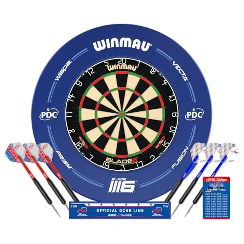 WINMAU PDC Blade 6 Dartscheibe Set mit 2 Darts, Oche & Checkout-Karte – Professionelle Sisal Dartscheibe für Zuhause