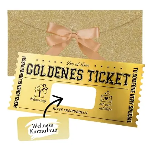 Woric Goldenes Ticket - Gutschein zum Selberausfüllen mit Rubbelaufkleber, Geschenkkarte für Frauen, Freundin, Geburtstag, Reise, Kino