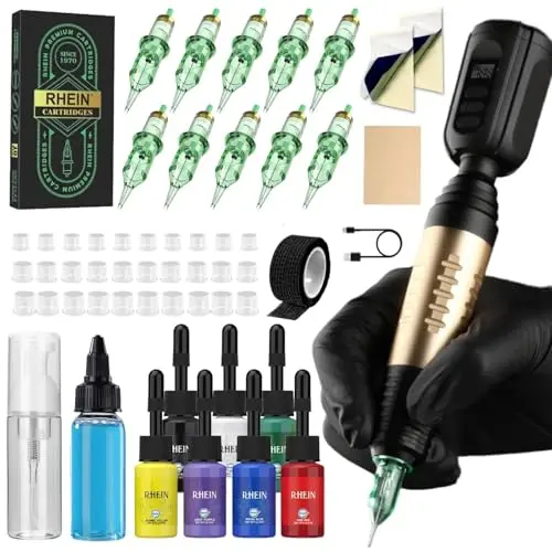 RHEIN Tattoo Maschine Set mit Akku und Tattoo Inks - 10 Nadeln Zubehör