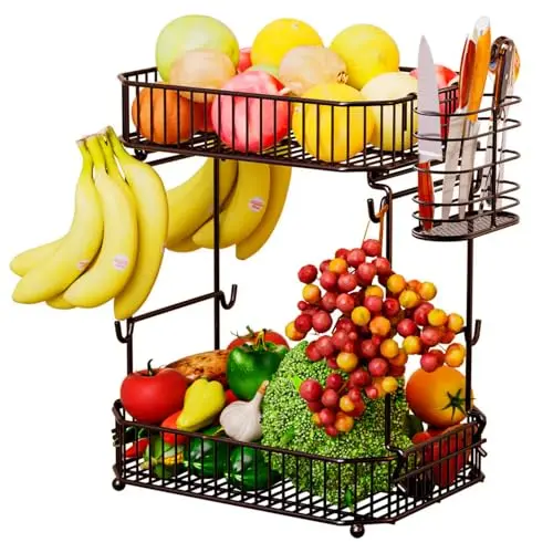 ANJUBAN 2-stöckiger Obstkorb mit 8 Bananenaufhängern und seitlichem Aufbewahrungskorb für die Küche