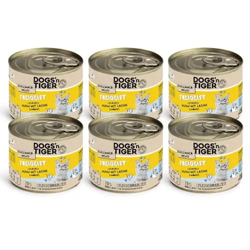 Dogs’n Tiger Adult Katzenfutter mit Huhn, Lachs & Gemüse, ohne Getreide, Zucker & Konservierungsstoffe, 6x200g