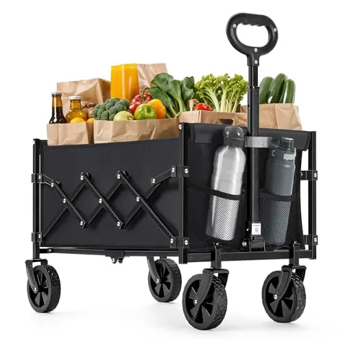 SONGMICS faltbarer Gartenwagen, 180kg, kompakt, mit Griff, 4 Rollen, 90L, outdoor, schwarz