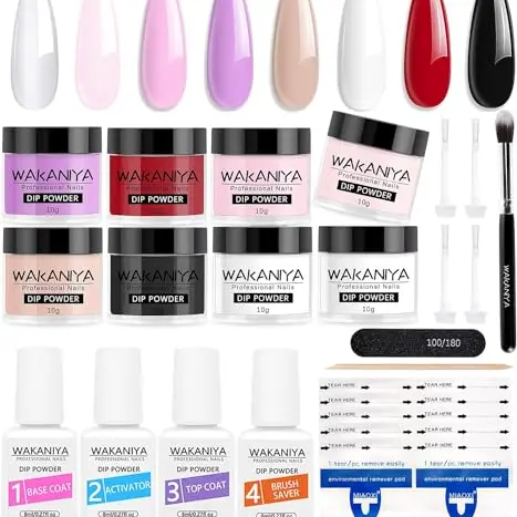 Nail Dip Powder Starter Set 8 Farben für DIY & Salon Nageldesign - inclusive Base, Top Coat, Activator und Pinsel