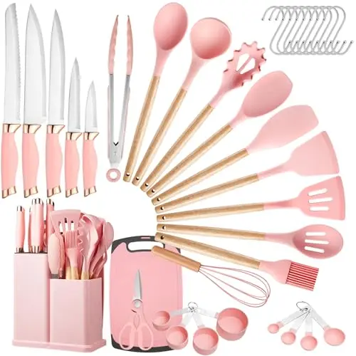 Küchenutensilien Set mit 37 Teilen, hitzebeständig, spülmaschinenfest, rosa