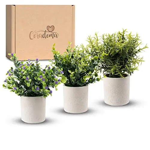 Coradoma 3er Set Künstliche Pflanzen im weißen Topf | Moderne Deko für Wohnzimmer und Küche