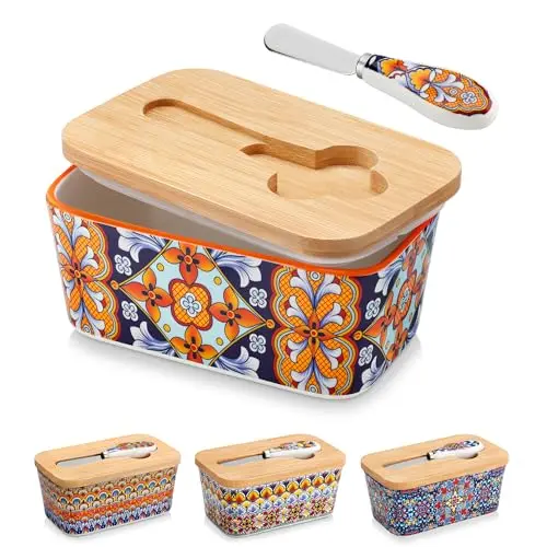 vancasso SIMI Butterdose Keramik mit Holzdeckel und Messer, Böhmische Porzellan Butterschale 16,5 x 9,7 x 8 cm